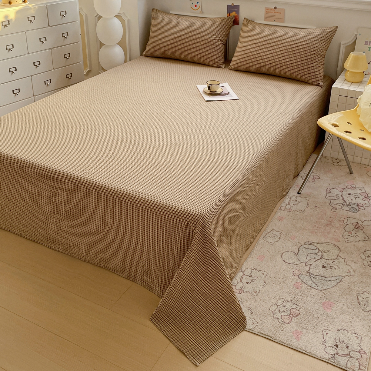 91家纺网 家纺一手货源 找家纺 柠萌家居 2026新款全棉A类色织水洗棉母婴级简约格子三件套床单 苏格兰-卡其