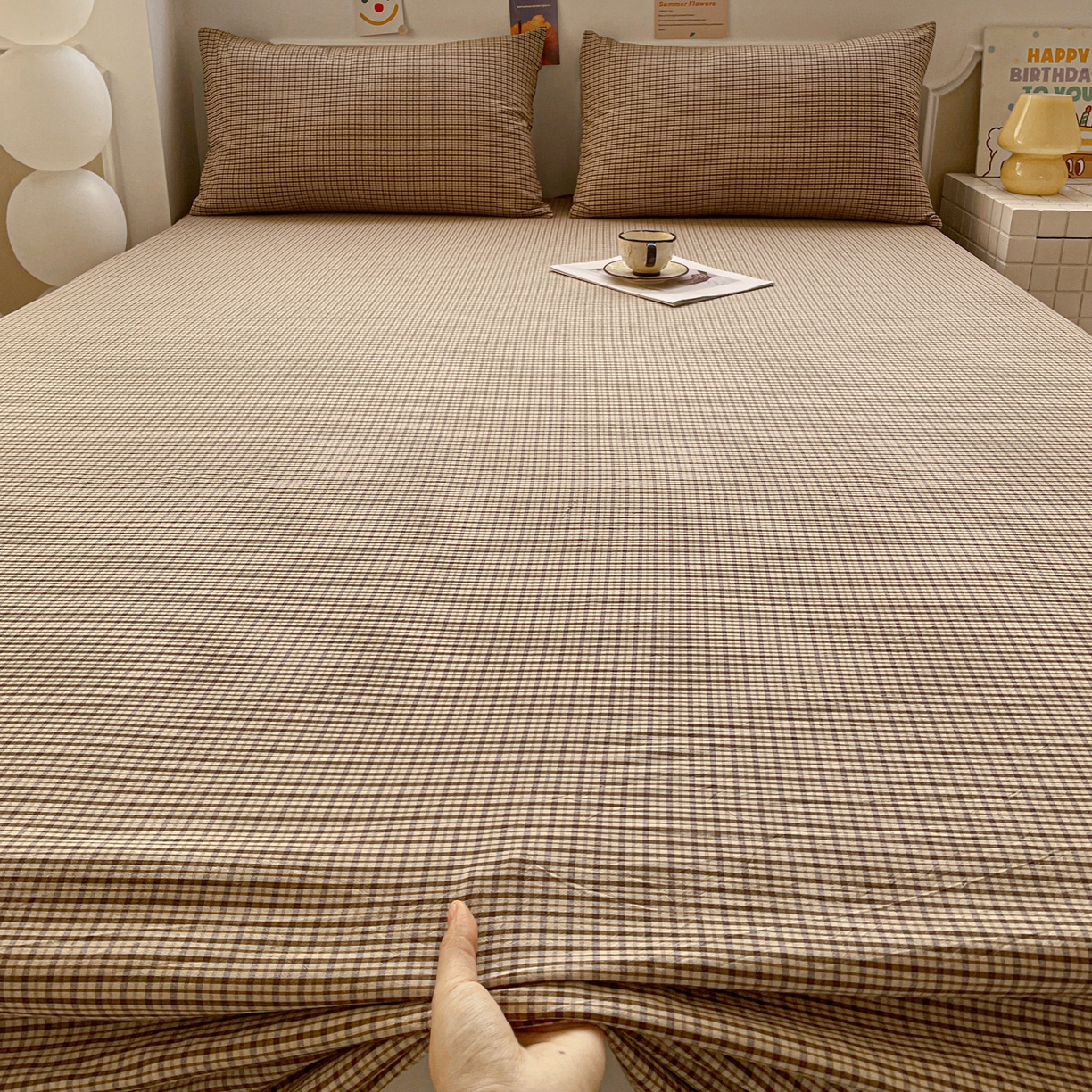 91家纺网 家纺一手货源 找家纺 柠萌家居 2026新款全棉A类色织水洗棉母婴级简约格子三件套床单 苏格兰-卡其