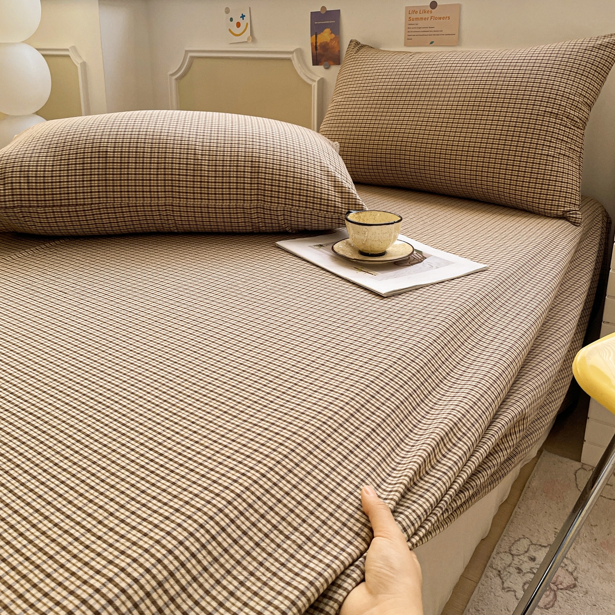 91家纺网 家纺一手货源 找家纺 柠萌家居 2026新款全棉A类色织水洗棉母婴级简约格子三件套床单 苏格兰-卡其