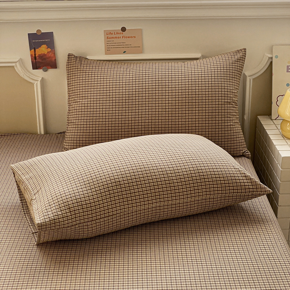 91家纺网 家纺一手货源 找家纺 柠萌家居 2026新款全棉A类色织水洗棉母婴级简约格子三件套床单 苏格兰-卡其