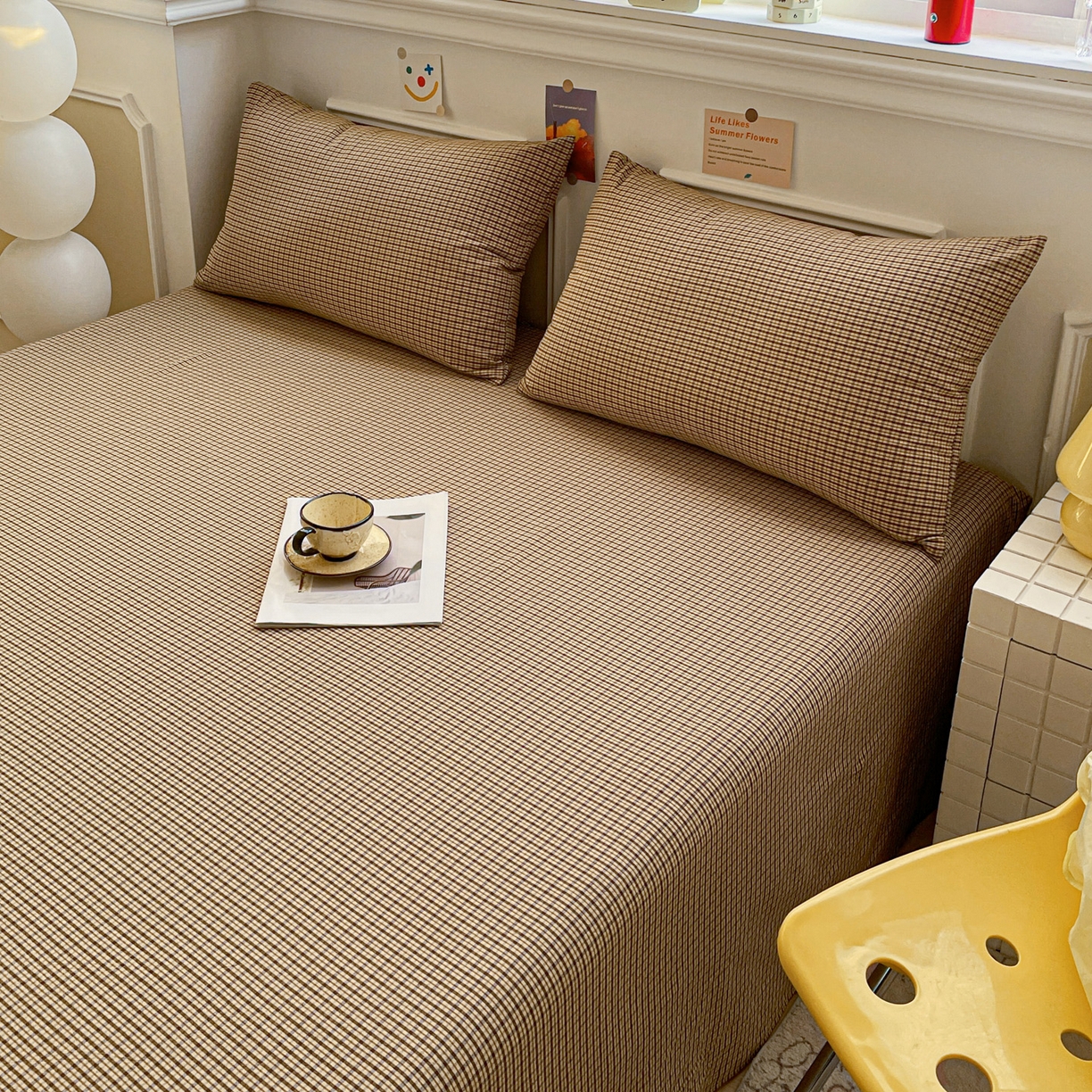 91家纺网 家纺一手货源 找家纺 柠萌家居 2026新款全棉A类色织水洗棉母婴级简约格子三件套床单 苏格兰-卡其