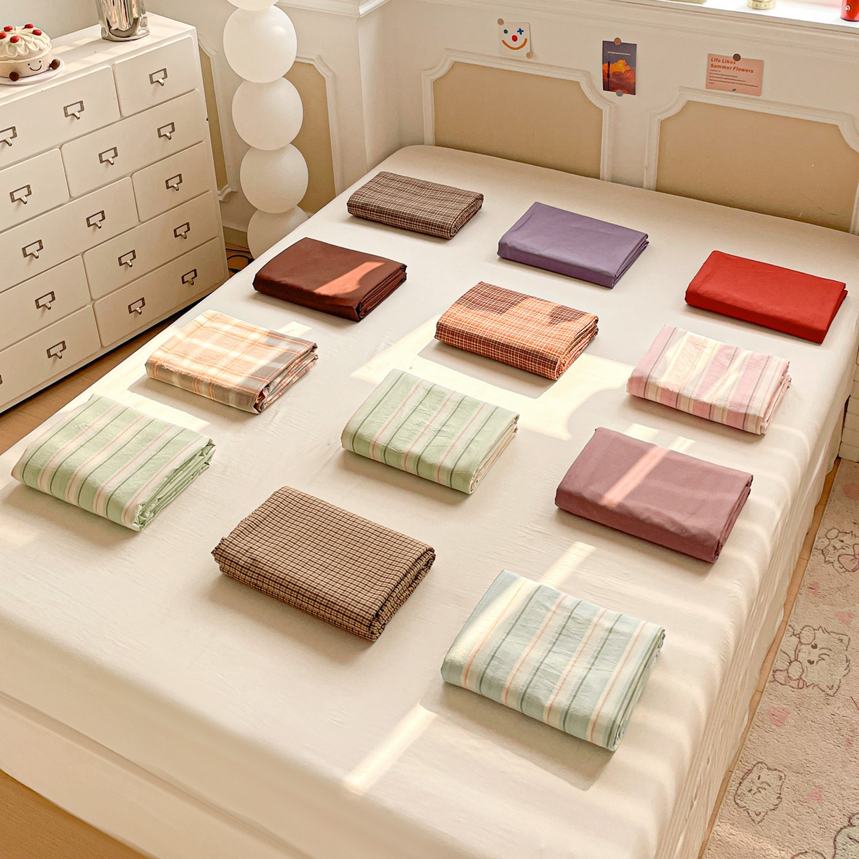 91家纺网 家纺一手货源 找家纺 柠萌家居 2026新款全棉A类色织水洗棉母婴级简约格子三件套床单 组合