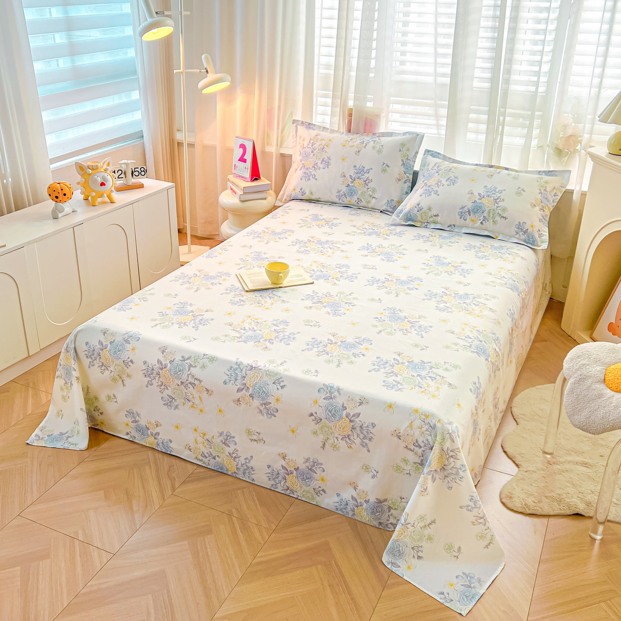 91家纺网 家纺一手货源 找家纺 珂博家纺 2026新款12868全棉纯棉小清新印花系列单床单床笠 晨曦花露