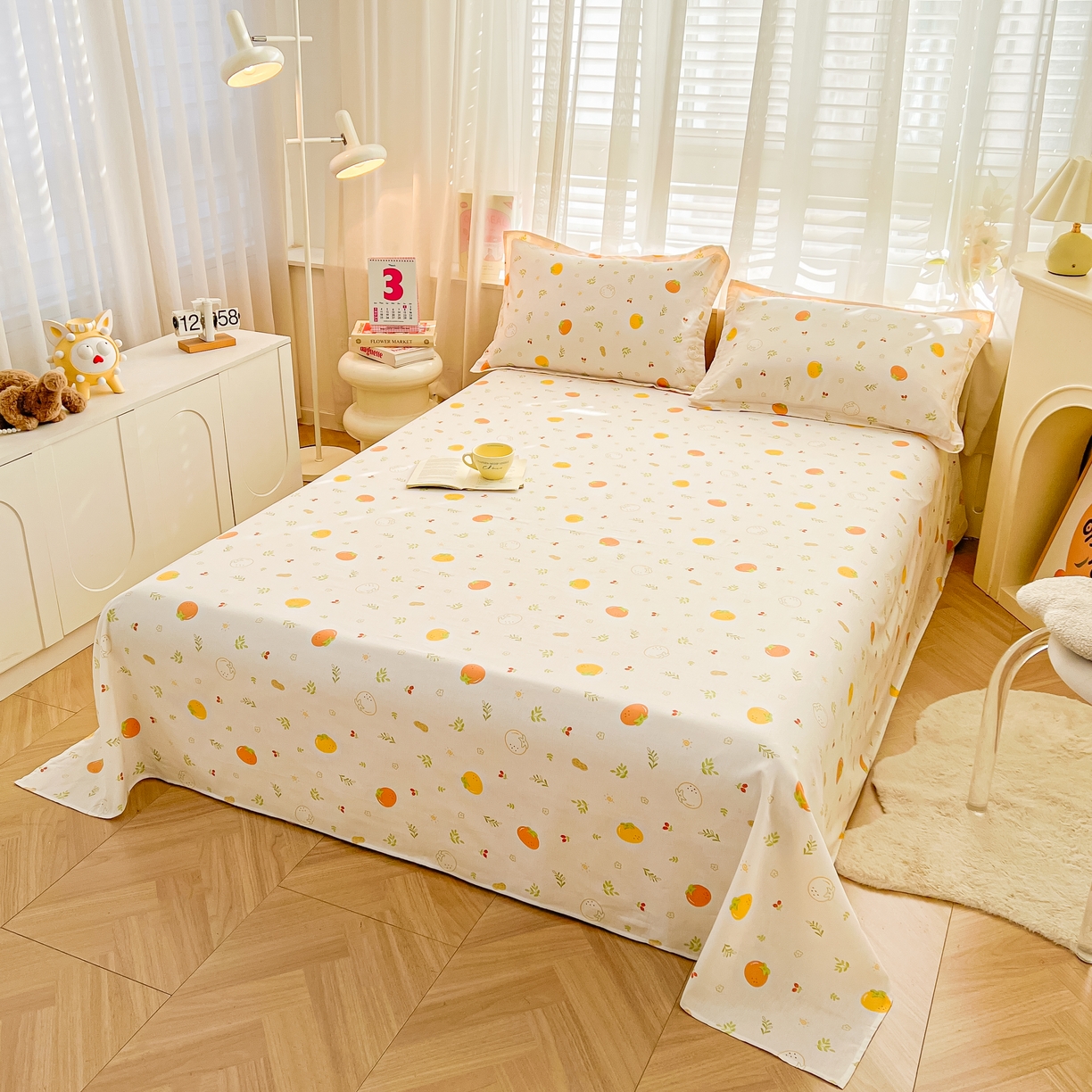 91家纺网 家纺一手货源 找家纺 珂博家纺 2026新款12868全棉纯棉小清新印花系列单床单床笠 好柿发生