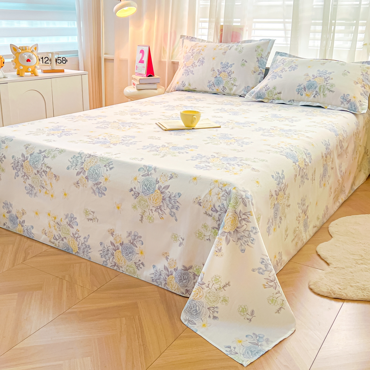 91家纺网 家纺一手货源 找家纺 珂博家纺 2026新款12868全棉纯棉小清新印花系列单床单床笠 晨曦花露