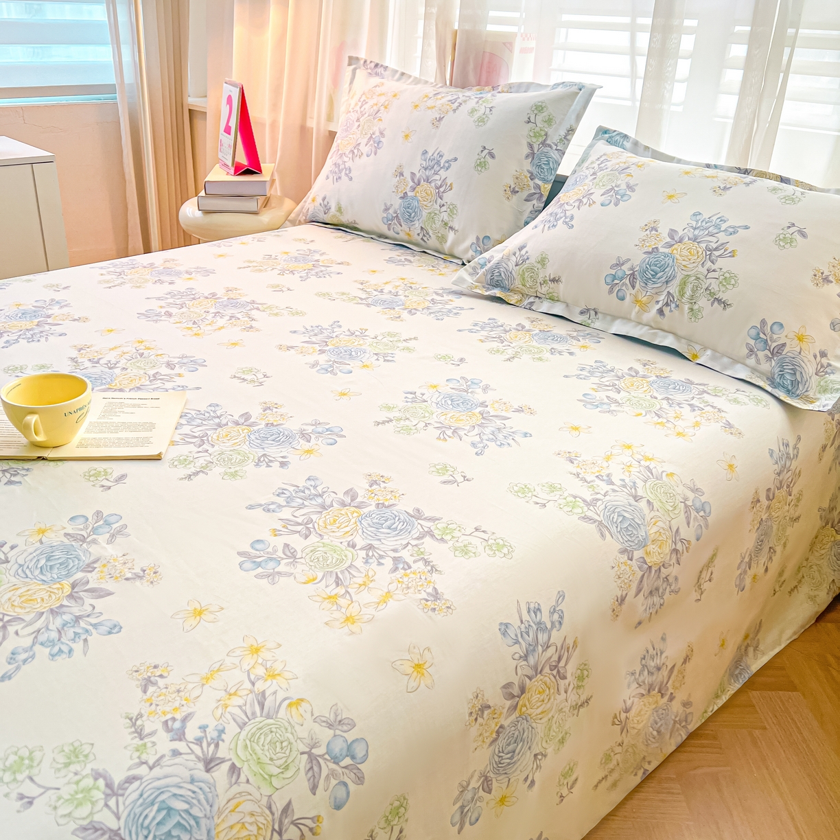 91家纺网 家纺一手货源 找家纺 珂博家纺 2026新款12868全棉纯棉小清新印花系列单床单床笠 晨曦花露