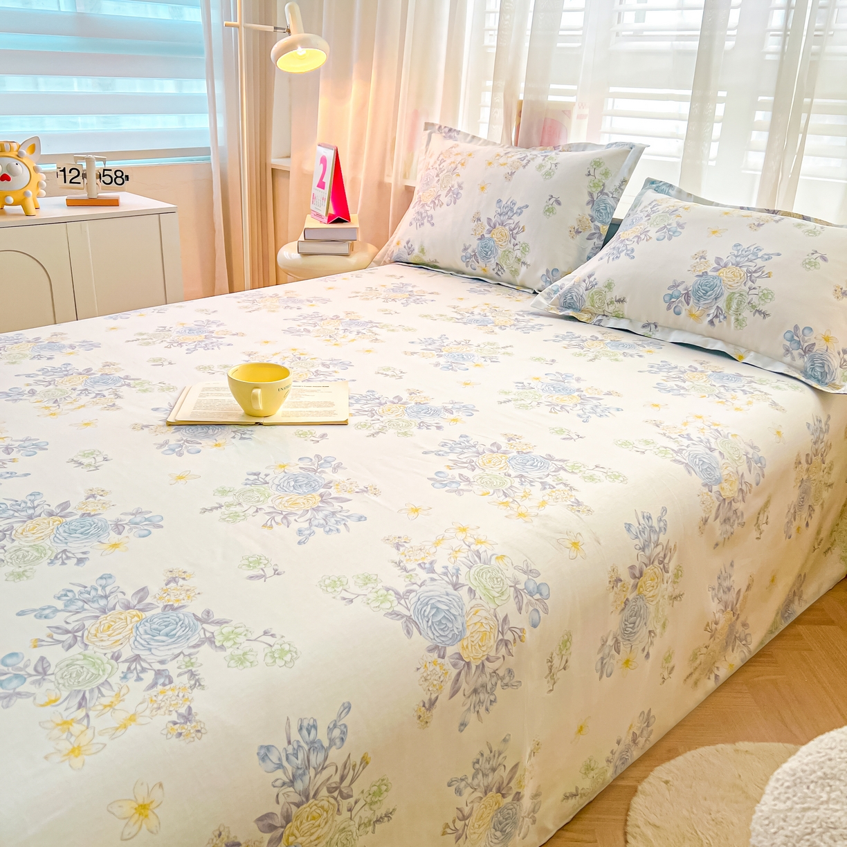 91家纺网 家纺一手货源 找家纺 珂博家纺 2026新款12868全棉纯棉小清新印花系列单床单床笠 晨曦花露