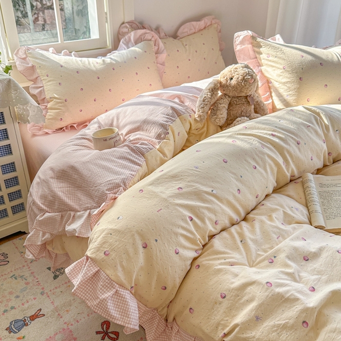 91家纺网 家纺一手货源 找家纺 （总）柒月家居 2026新款韩系仿棉小格花边四件套