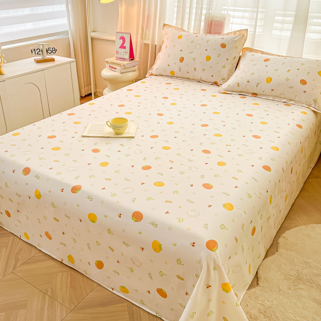 91家纺网 家纺一手货源 找家纺 珂博家纺 2026新款12868全棉纯棉小清新印花系列单床单床笠 好柿发生