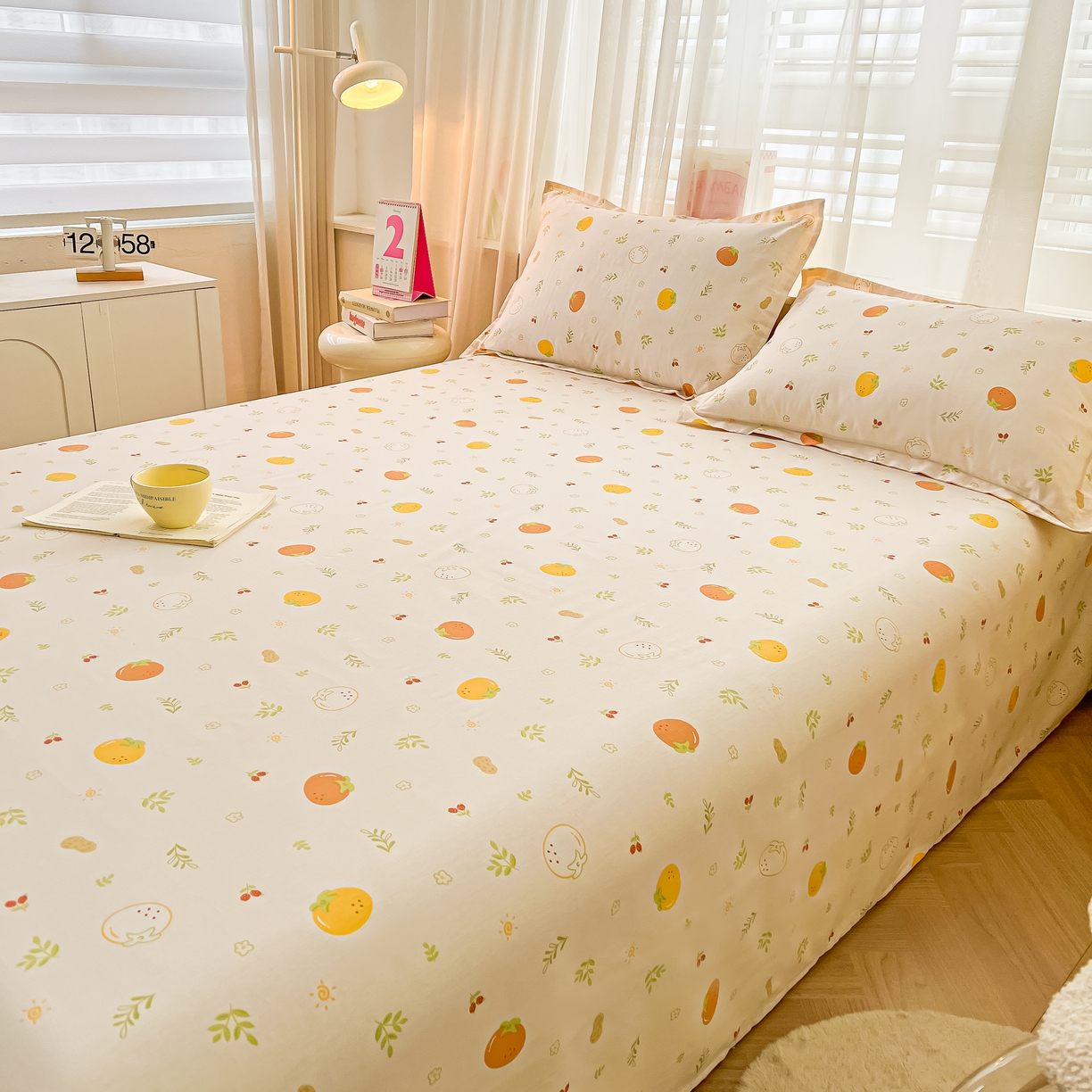 91家纺网 家纺一手货源 找家纺 珂博家纺 2026新款12868全棉纯棉小清新印花系列单床单床笠 好柿发生