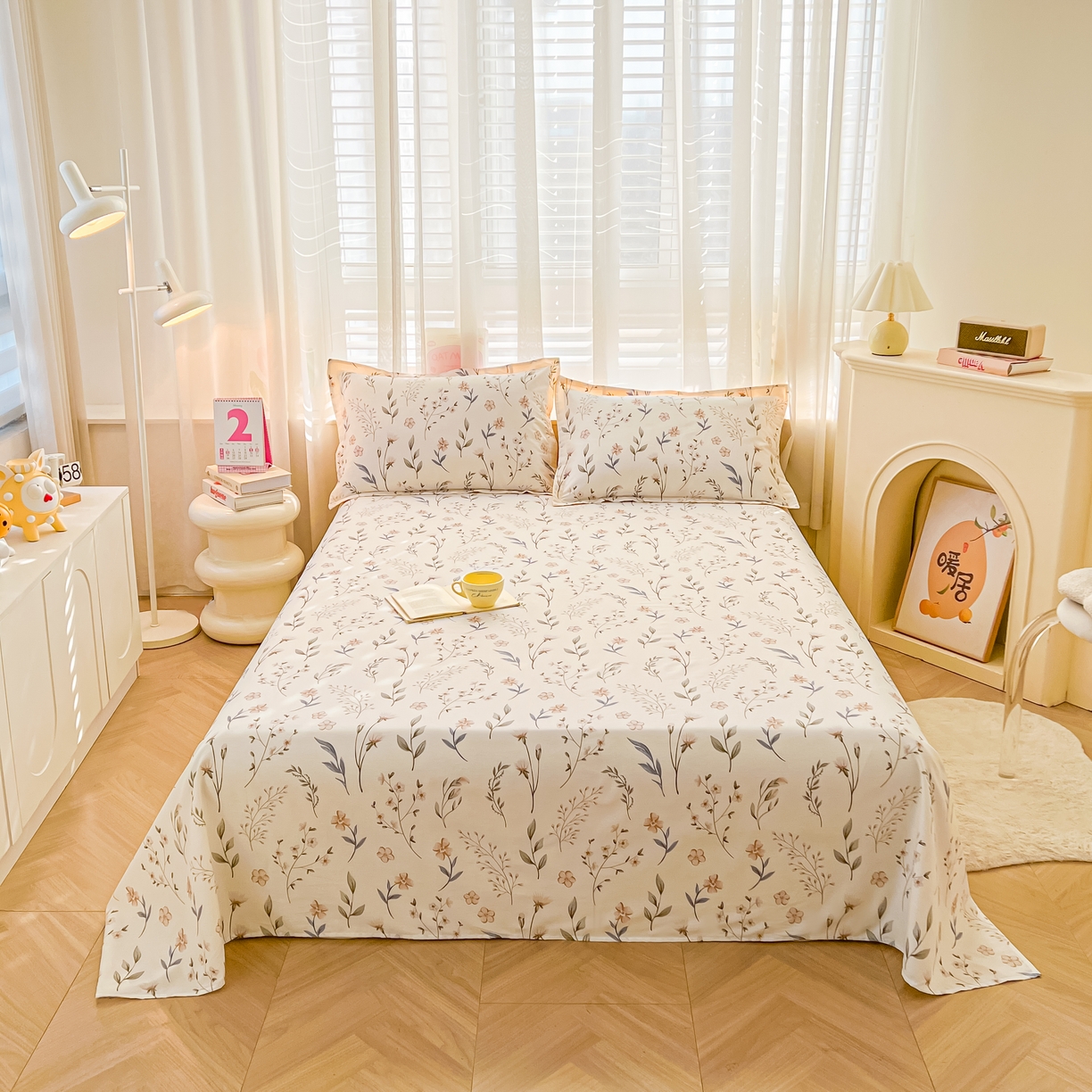 91家纺网 家纺一手货源 找家纺 珂博家纺 2026新款12868全棉纯棉小清新印花系列单床单床笠 花枝印象