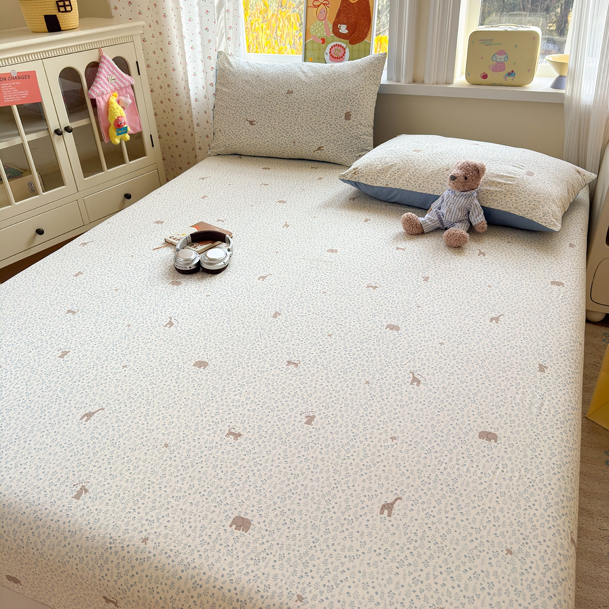 91家纺网 家纺一手货源 找家纺 沐芷 2026 【提供买家秀】古法水洗仿棉床笠席梦思床罩床垫防滑床套罩床笠三件套 萌物