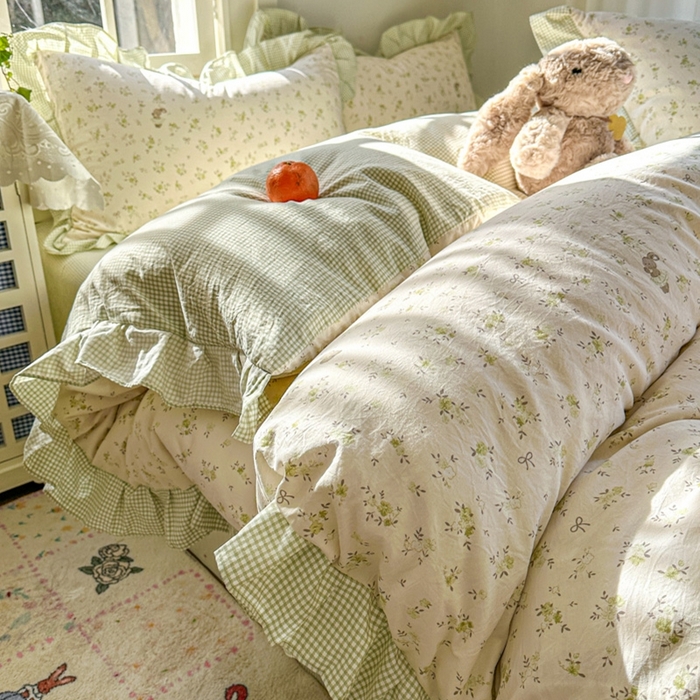 91家纺网 家纺一手货源 找家纺 （总）柒月家居 2026新款韩系仿棉小格花边四件套