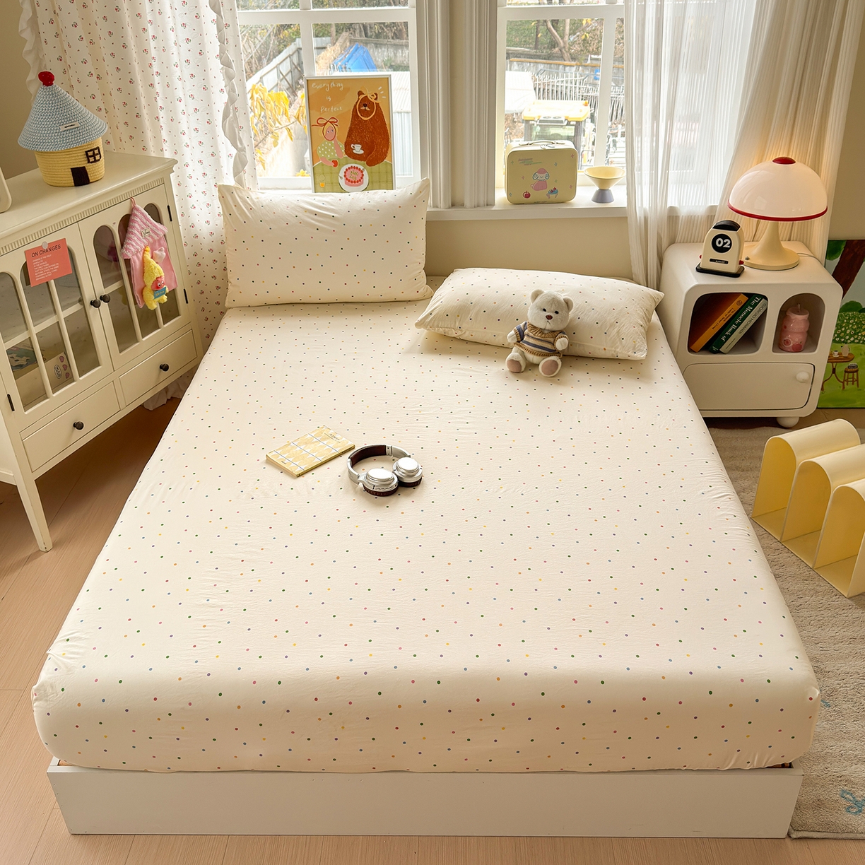 91家纺网 家纺一手货源 找家纺 沐芷 2026 【提供买家秀】古法水洗仿棉床笠席梦思床罩床垫防滑床套罩床笠三件套 甜梦糖豆