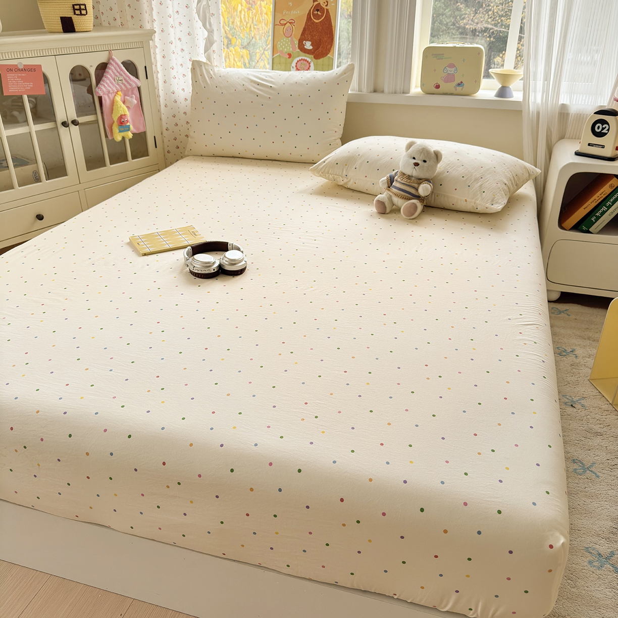 91家纺网 家纺一手货源 找家纺 沐芷 2026 【提供买家秀】古法水洗仿棉床笠席梦思床罩床垫防滑床套罩床笠三件套 甜梦糖豆