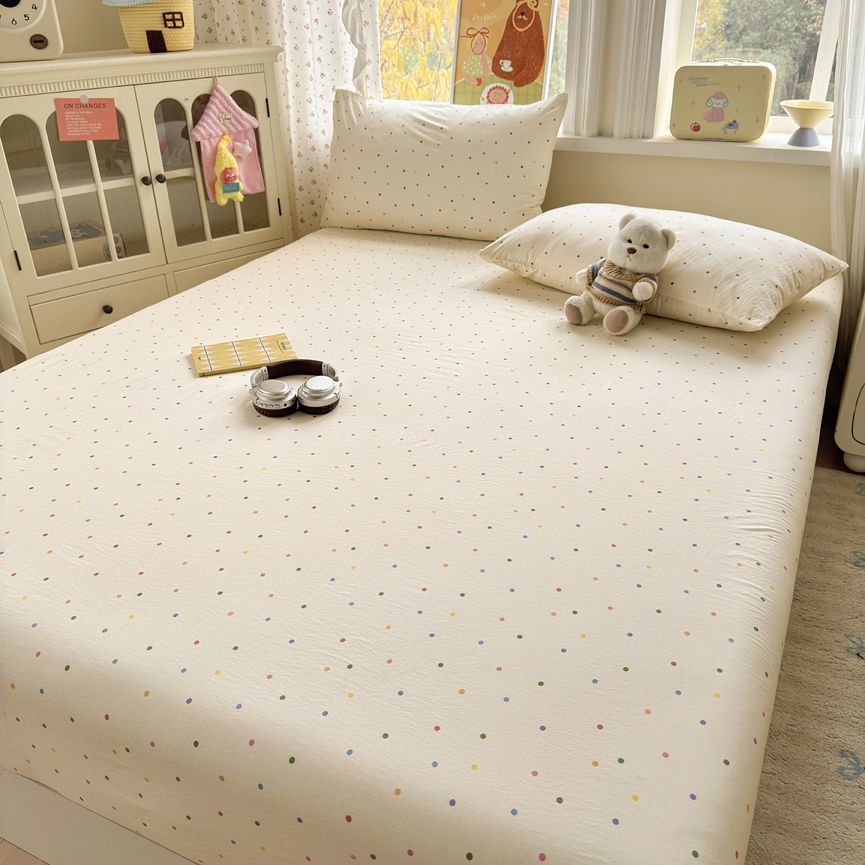 91家纺网 家纺一手货源 找家纺 沐芷 2026 【提供买家秀】古法水洗仿棉床笠席梦思床罩床垫防滑床套罩床笠三件套 甜梦糖豆