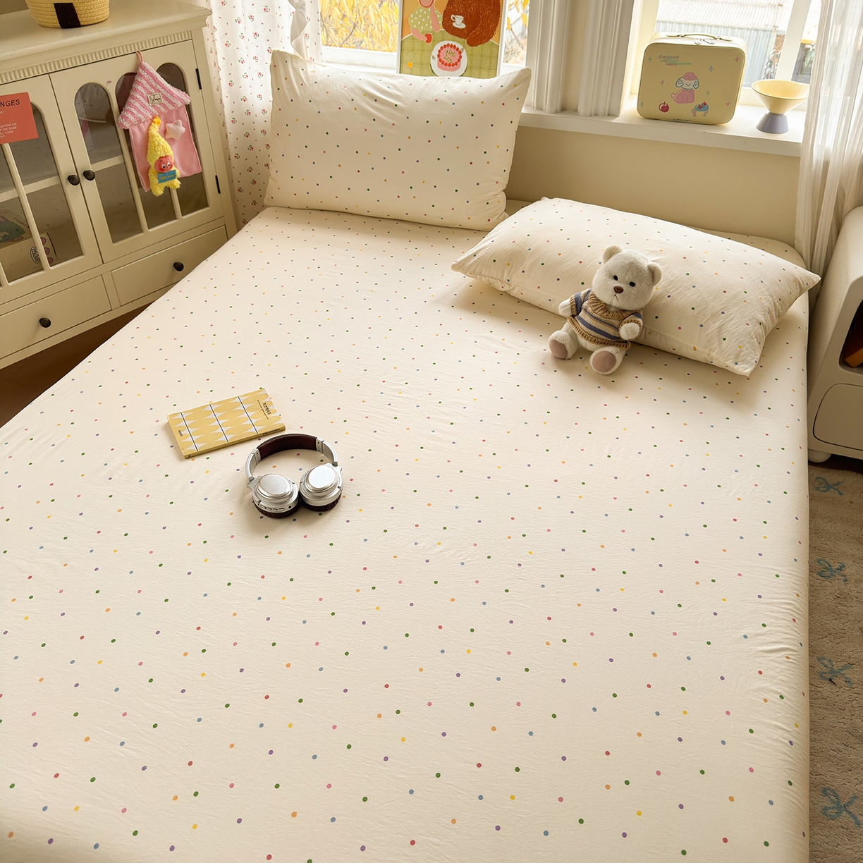 91家纺网 家纺一手货源 找家纺 沐芷 2026 【提供买家秀】古法水洗仿棉床笠席梦思床罩床垫防滑床套罩床笠三件套 甜梦糖豆