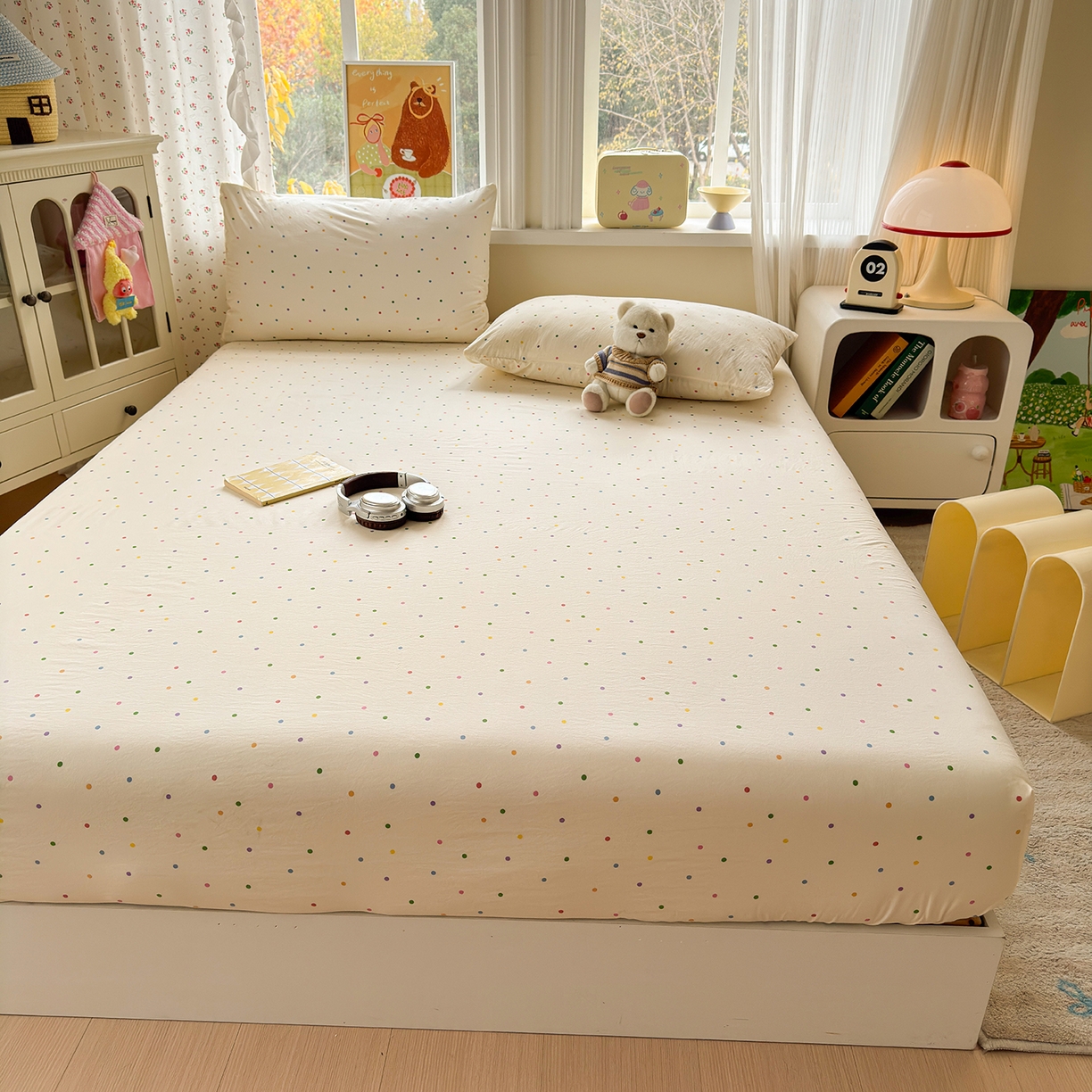 91家纺网 家纺一手货源 找家纺 沐芷 2026 【提供买家秀】古法水洗仿棉床笠席梦思床罩床垫防滑床套罩床笠三件套 甜梦糖豆