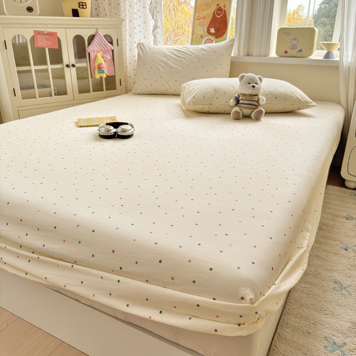 91家纺网 家纺一手货源 找家纺 沐芷 2026 【提供买家秀】古法水洗仿棉床笠席梦思床罩床垫防滑床套罩床笠三件套 甜梦糖豆