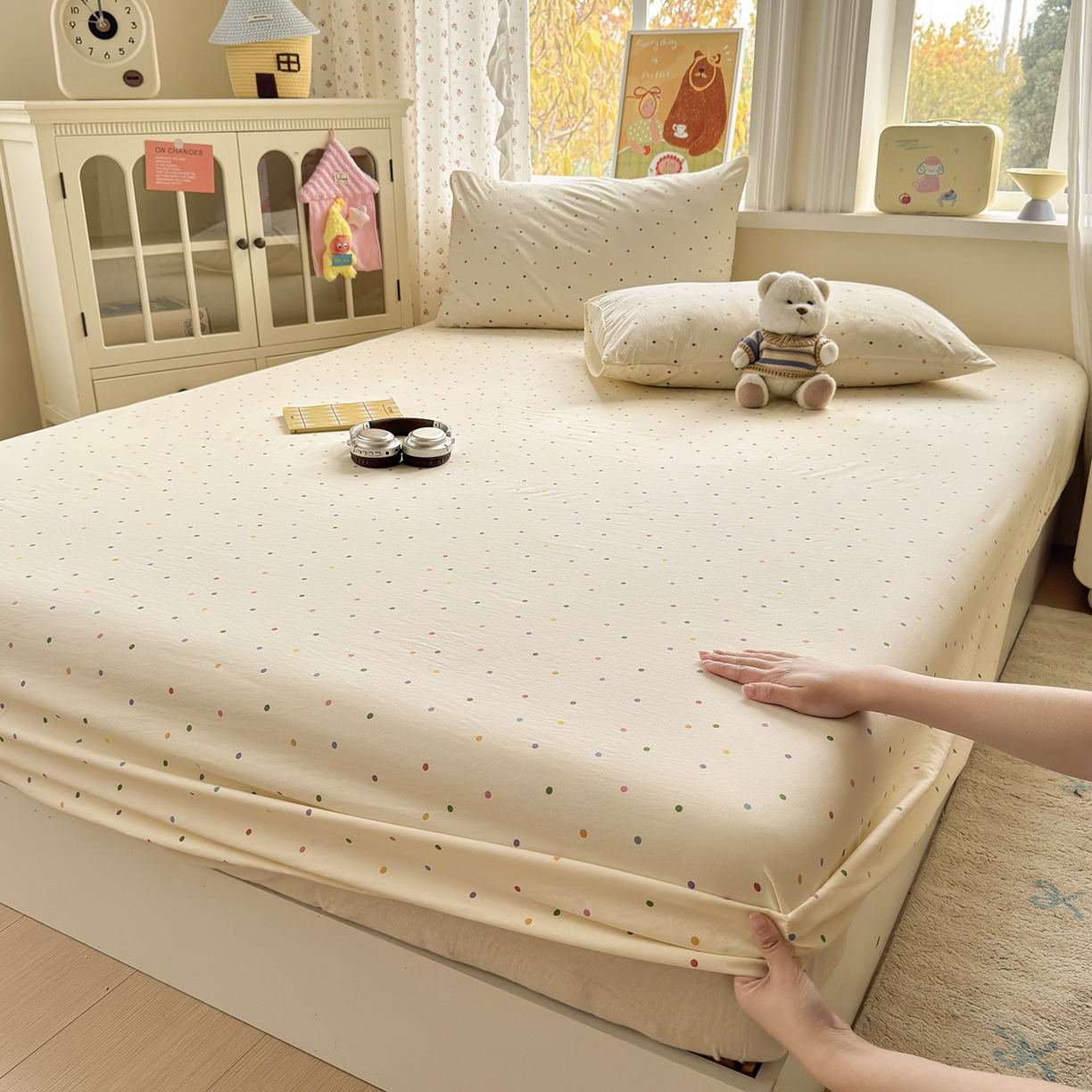 91家纺网 家纺一手货源 找家纺 沐芷 2026 【提供买家秀】古法水洗仿棉床笠席梦思床罩床垫防滑床套罩床笠三件套 甜梦糖豆