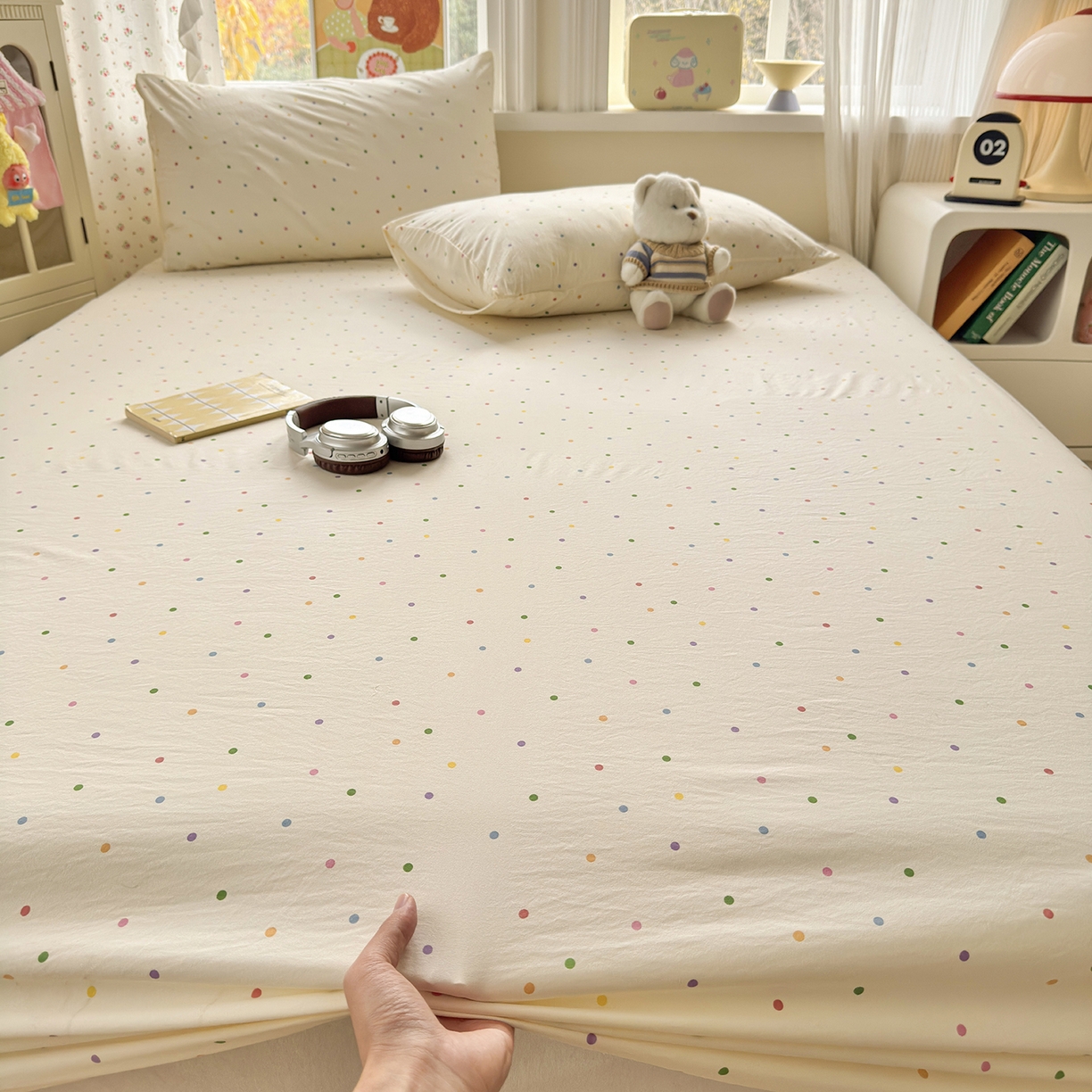 91家纺网 家纺一手货源 找家纺 沐芷 2026 【提供买家秀】古法水洗仿棉床笠席梦思床罩床垫防滑床套罩床笠三件套 甜梦糖豆