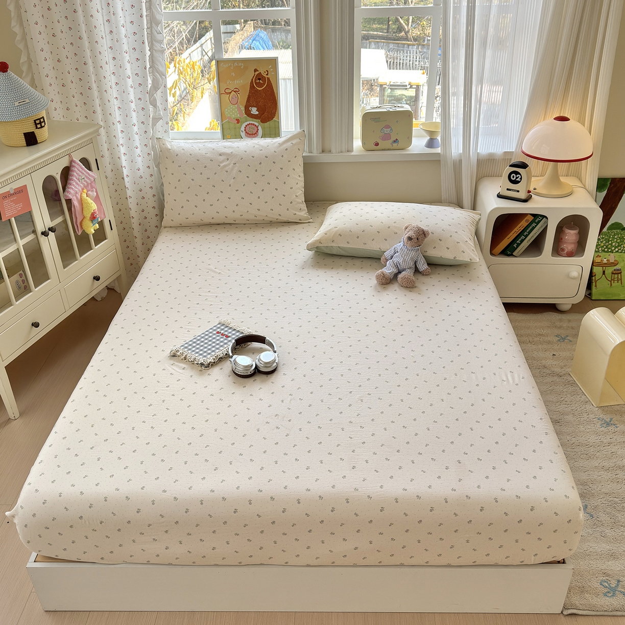 91家纺网 家纺一手货源 找家纺 沐芷 2026 【提供买家秀】古法水洗仿棉床笠席梦思床罩床垫防滑床套罩床笠三件套 白月光