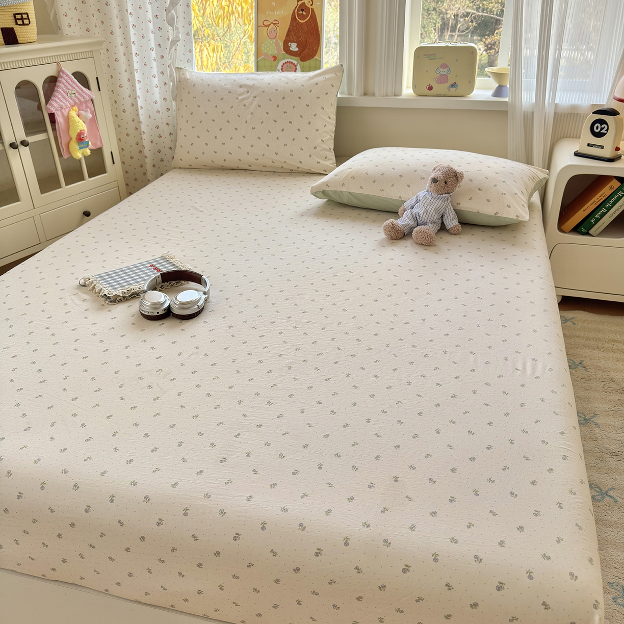 91家纺网 家纺一手货源 找家纺 沐芷 2026 【提供买家秀】古法水洗仿棉床笠席梦思床罩床垫防滑床套罩床笠三件套 白月光