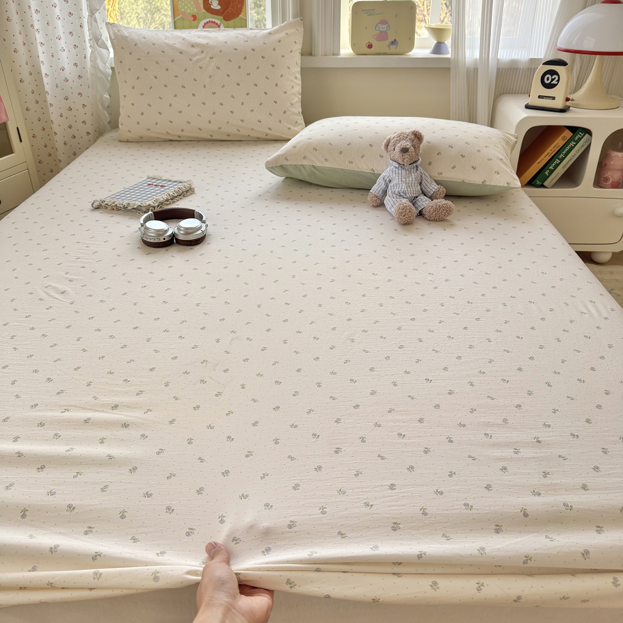 91家纺网 家纺一手货源 找家纺 沐芷 2026 【提供买家秀】古法水洗仿棉床笠席梦思床罩床垫防滑床套罩床笠三件套 白月光