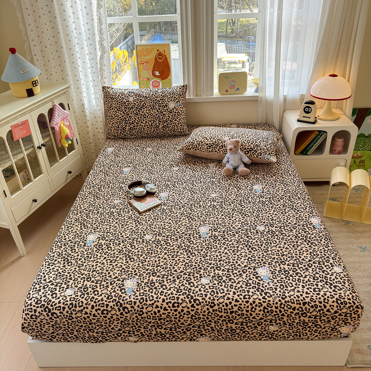 91家纺网 家纺一手货源 找家纺 沐芷 2026 【提供买家秀】古法水洗仿棉床笠席梦思床罩床垫防滑床套罩床笠三件套 豹纹音乐