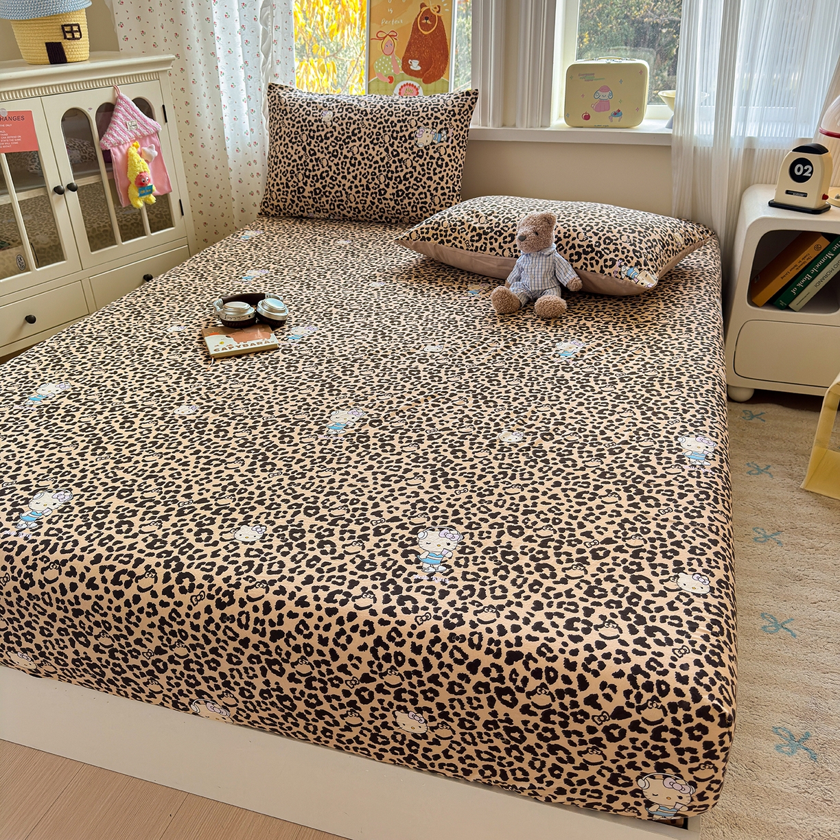 91家纺网 家纺一手货源 找家纺 沐芷 2026 【提供买家秀】古法水洗仿棉床笠席梦思床罩床垫防滑床套罩床笠三件套 豹纹音乐