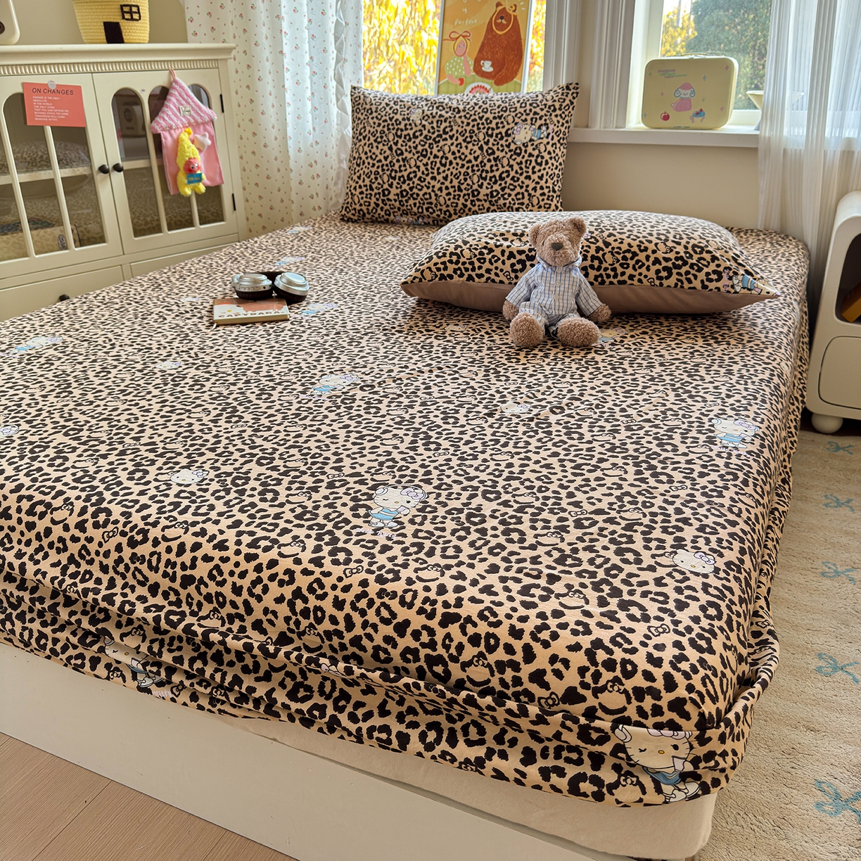 91家纺网 家纺一手货源 找家纺 沐芷 2026 【提供买家秀】古法水洗仿棉床笠席梦思床罩床垫防滑床套罩床笠三件套 豹纹音乐