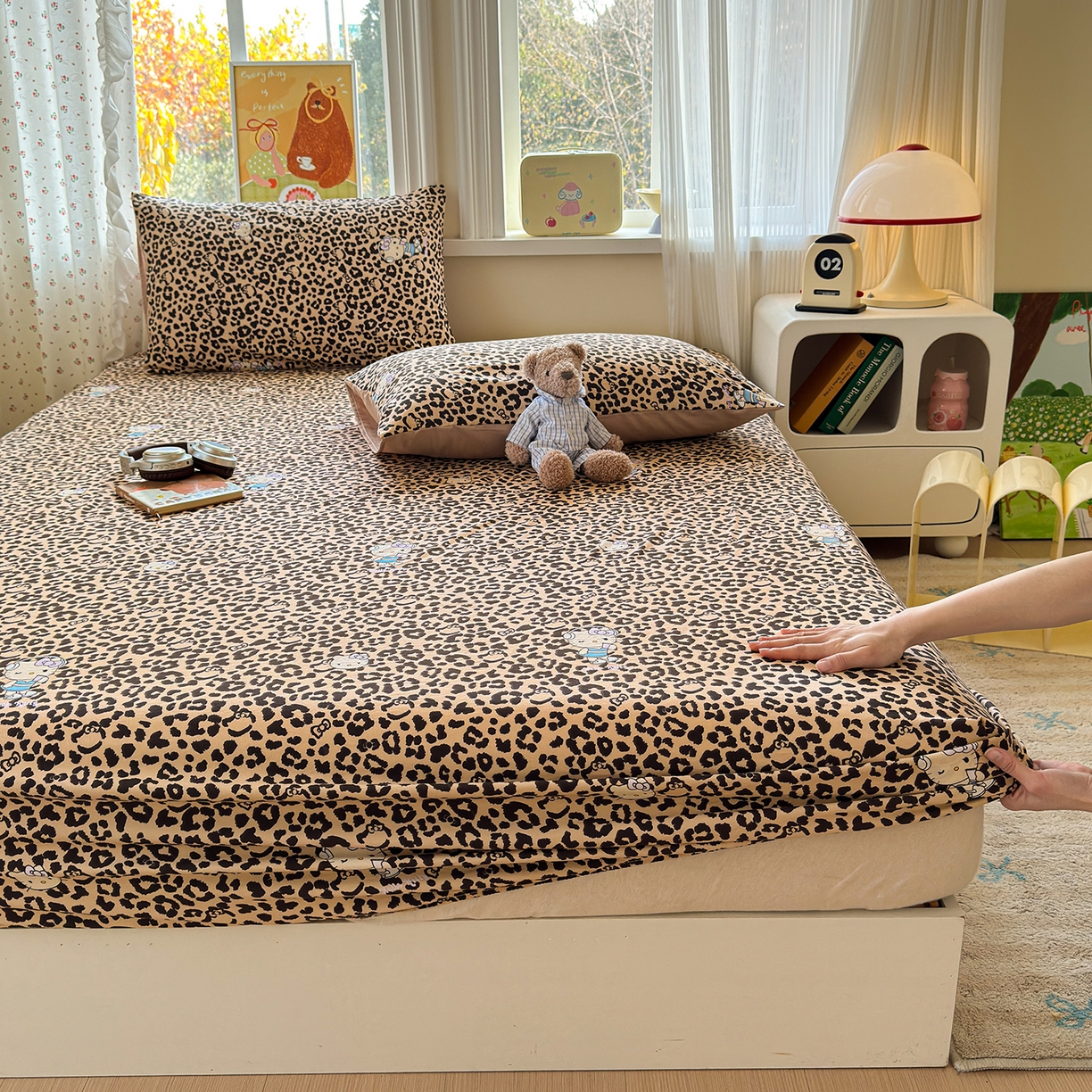 91家纺网 家纺一手货源 找家纺 沐芷 2026 【提供买家秀】古法水洗仿棉床笠席梦思床罩床垫防滑床套罩床笠三件套 豹纹音乐