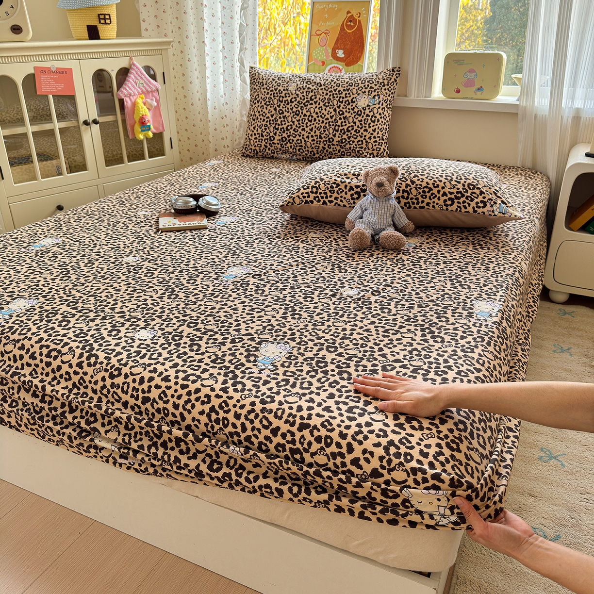 91家纺网 家纺一手货源 找家纺 沐芷 2026 【提供买家秀】古法水洗仿棉床笠席梦思床罩床垫防滑床套罩床笠三件套 豹纹音乐