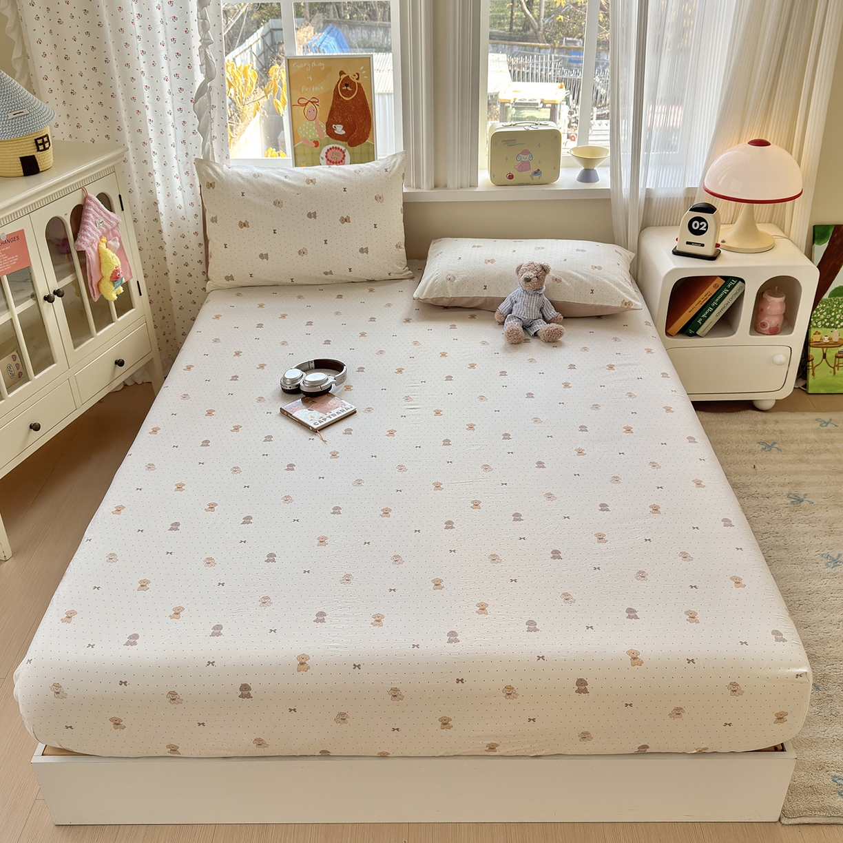 91家纺网 家纺一手货源 找家纺 沐芷 2026 【提供买家秀】古法水洗仿棉床笠席梦思床罩床垫防滑床套罩床笠三件套 波点汪语