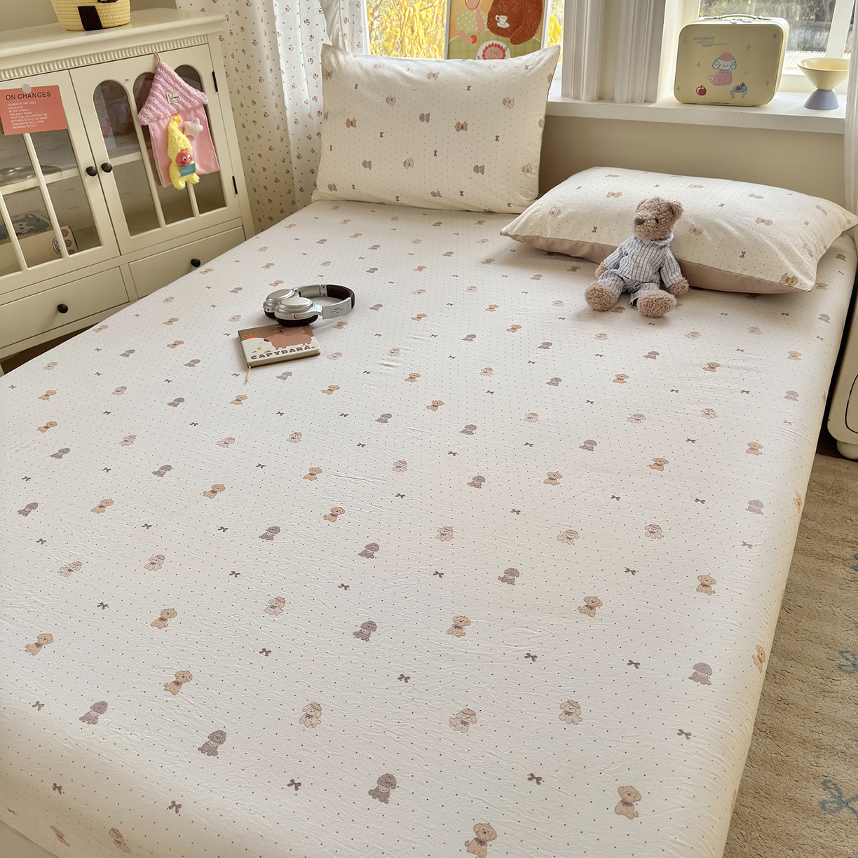 91家纺网 家纺一手货源 找家纺 沐芷 2026 【提供买家秀】古法水洗仿棉床笠席梦思床罩床垫防滑床套罩床笠三件套 波点汪语