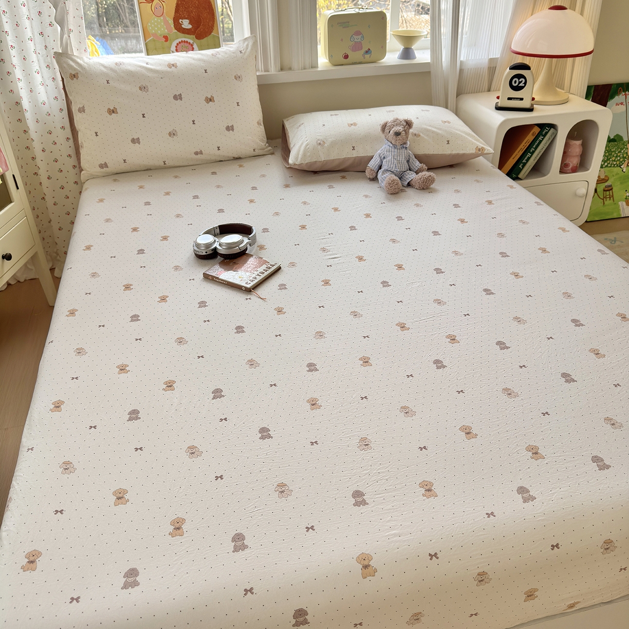 91家纺网 家纺一手货源 找家纺 沐芷 2026 【提供买家秀】古法水洗仿棉床笠席梦思床罩床垫防滑床套罩床笠三件套 波点汪语