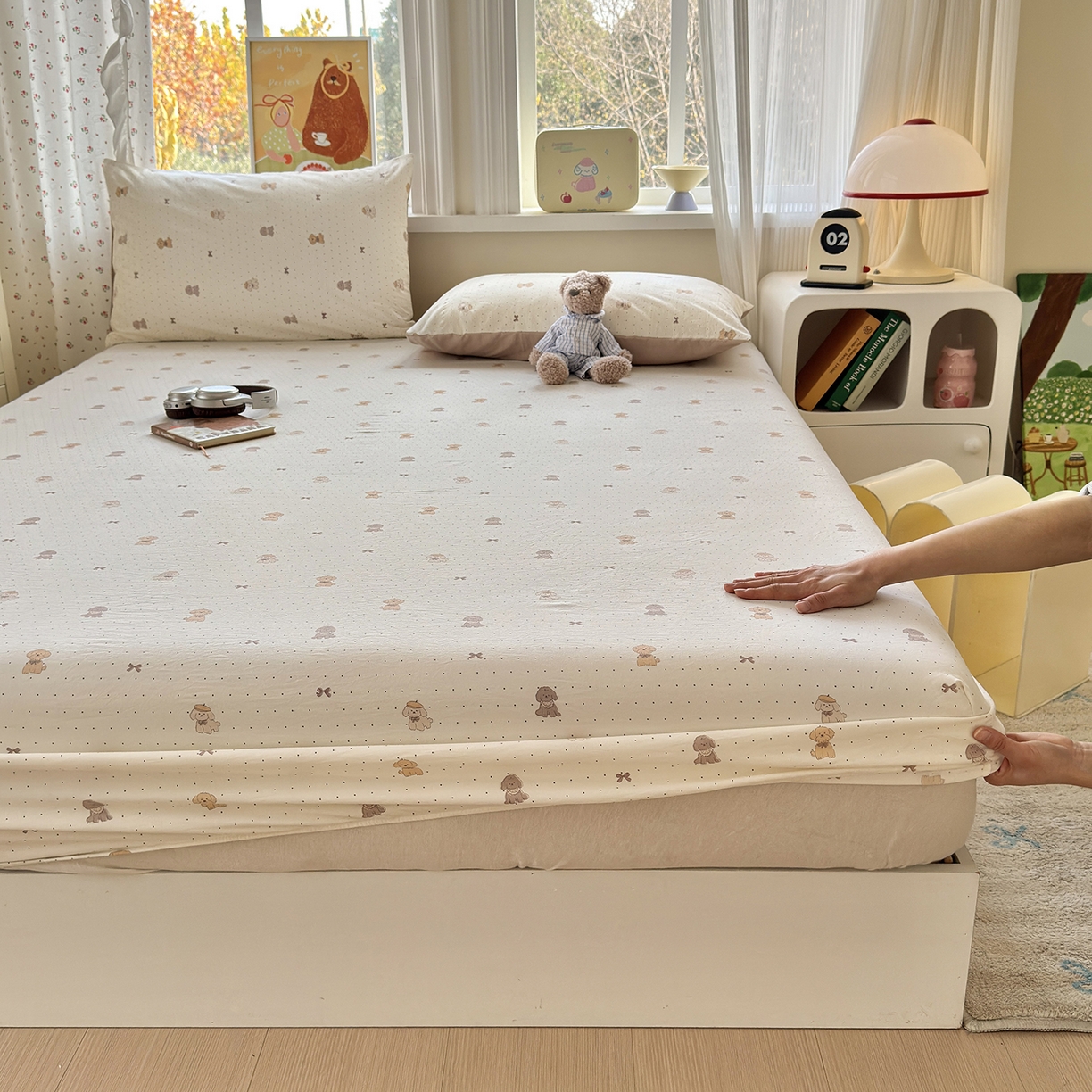 91家纺网 家纺一手货源 找家纺 沐芷 2026 【提供买家秀】古法水洗仿棉床笠席梦思床罩床垫防滑床套罩床笠三件套 波点汪语