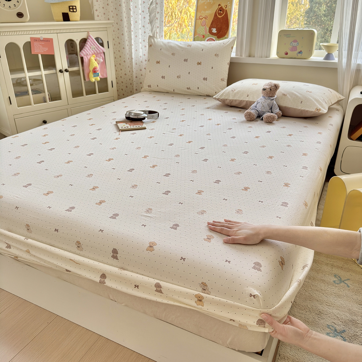 91家纺网 家纺一手货源 找家纺 沐芷 2026 【提供买家秀】古法水洗仿棉床笠席梦思床罩床垫防滑床套罩床笠三件套 波点汪语