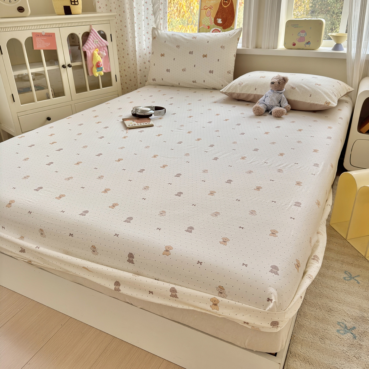 91家纺网 家纺一手货源 找家纺 沐芷 2026 【提供买家秀】古法水洗仿棉床笠席梦思床罩床垫防滑床套罩床笠三件套 波点汪语