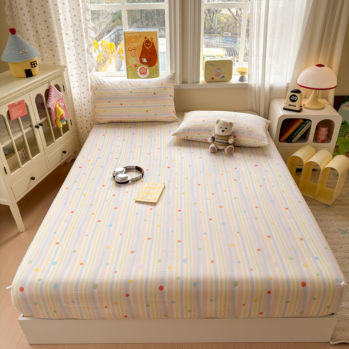 91家纺网 家纺一手货源 找家纺 沐芷 2026 【提供买家秀】古法水洗仿棉床笠席梦思床罩床垫防滑床套罩床笠三件套 彩虹跳跳糖