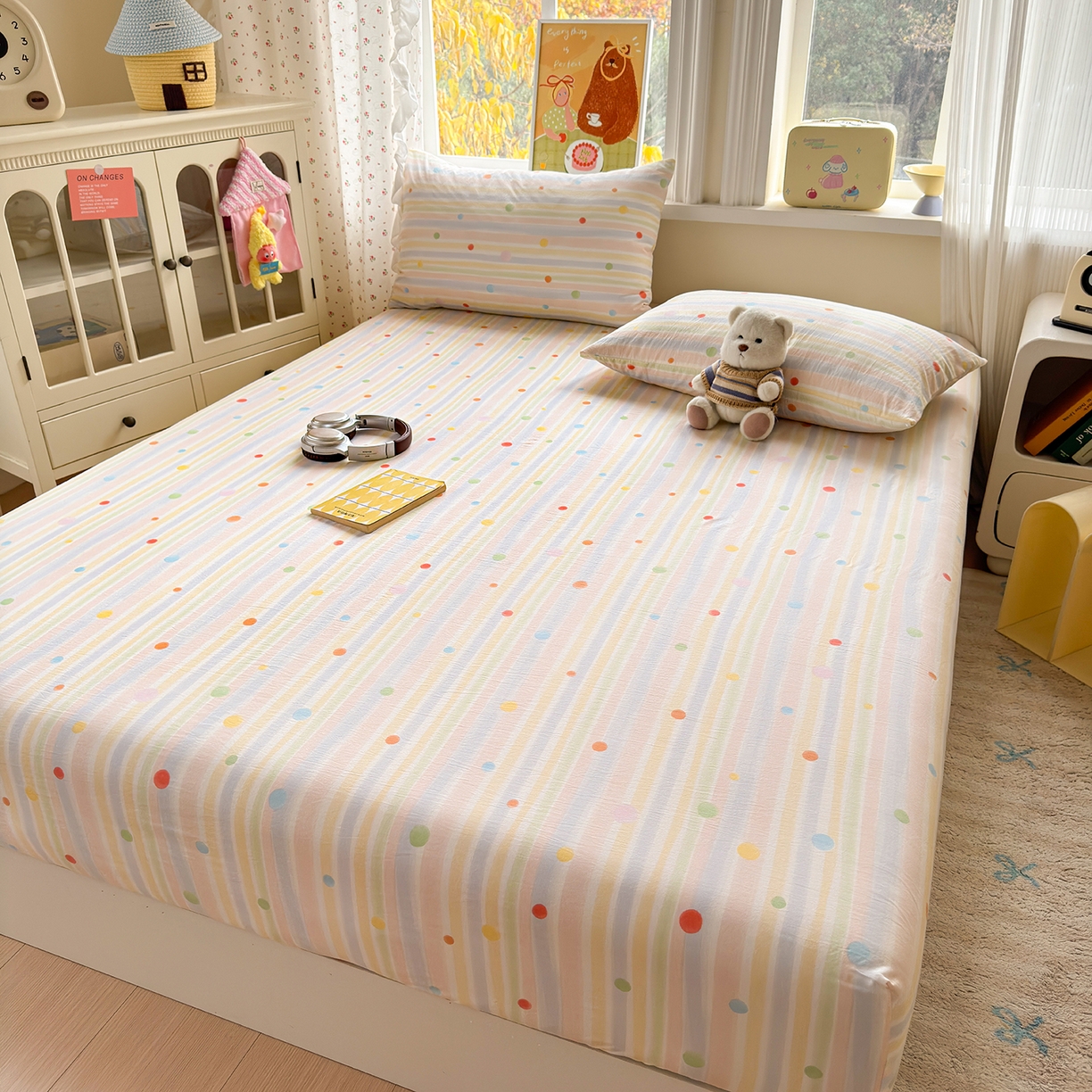 91家纺网 家纺一手货源 找家纺 沐芷 2026 【提供买家秀】古法水洗仿棉床笠席梦思床罩床垫防滑床套罩床笠三件套 彩虹跳跳糖