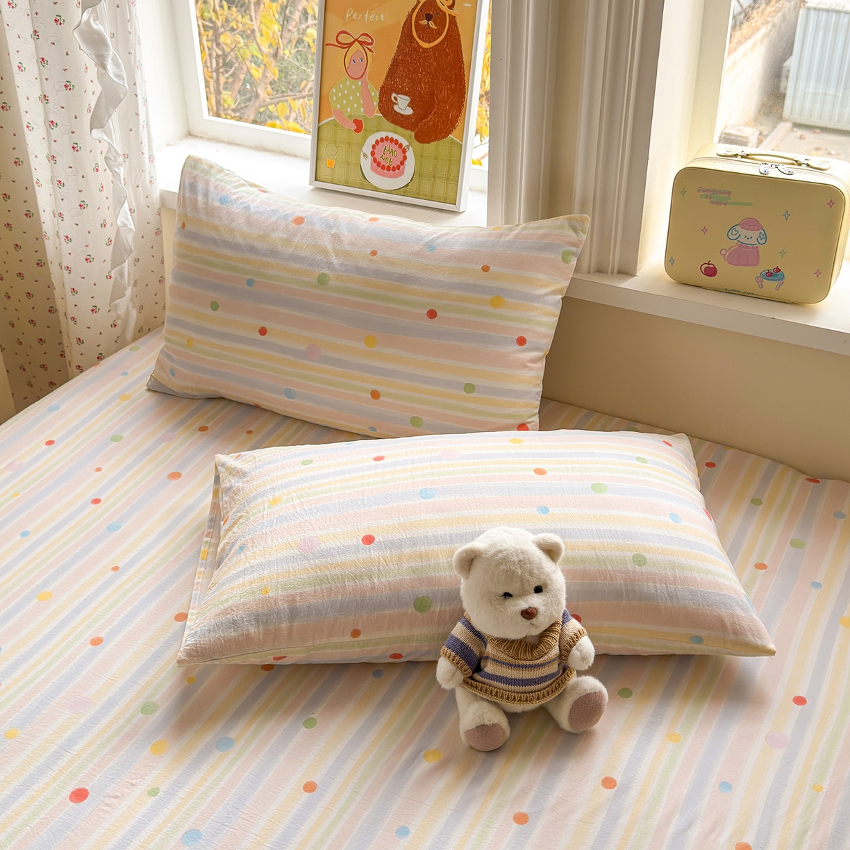 91家纺网 家纺一手货源 找家纺 沐芷 2026 【提供买家秀】古法水洗仿棉床笠席梦思床罩床垫防滑床套罩床笠三件套 彩虹跳跳糖