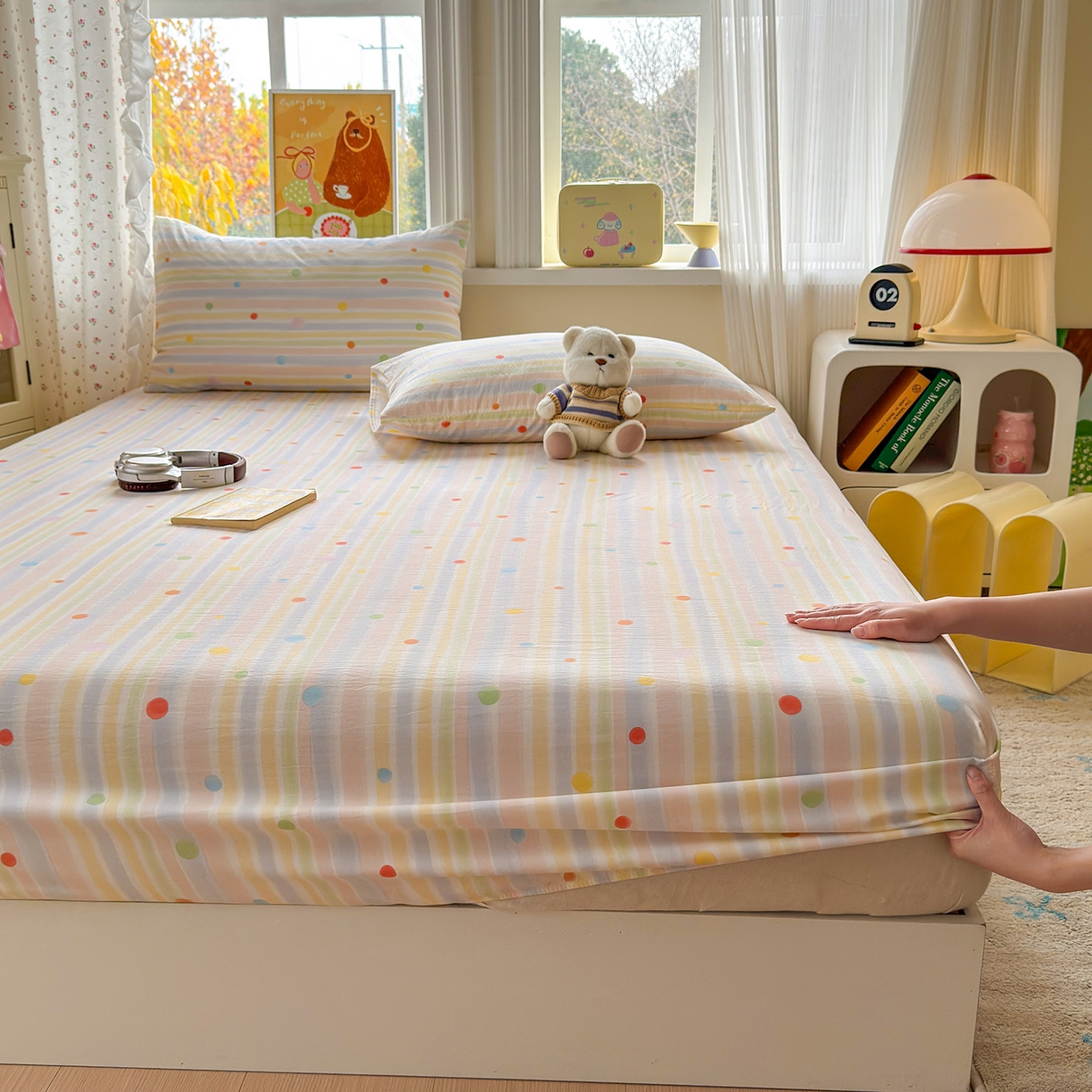 91家纺网 家纺一手货源 找家纺 沐芷 2026 【提供买家秀】古法水洗仿棉床笠席梦思床罩床垫防滑床套罩床笠三件套 彩虹跳跳糖