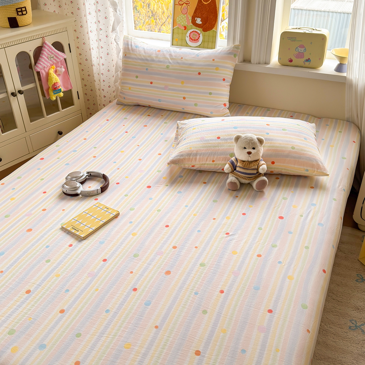 91家纺网 家纺一手货源 找家纺 沐芷 2026 【提供买家秀】古法水洗仿棉床笠席梦思床罩床垫防滑床套罩床笠三件套 彩虹跳跳糖