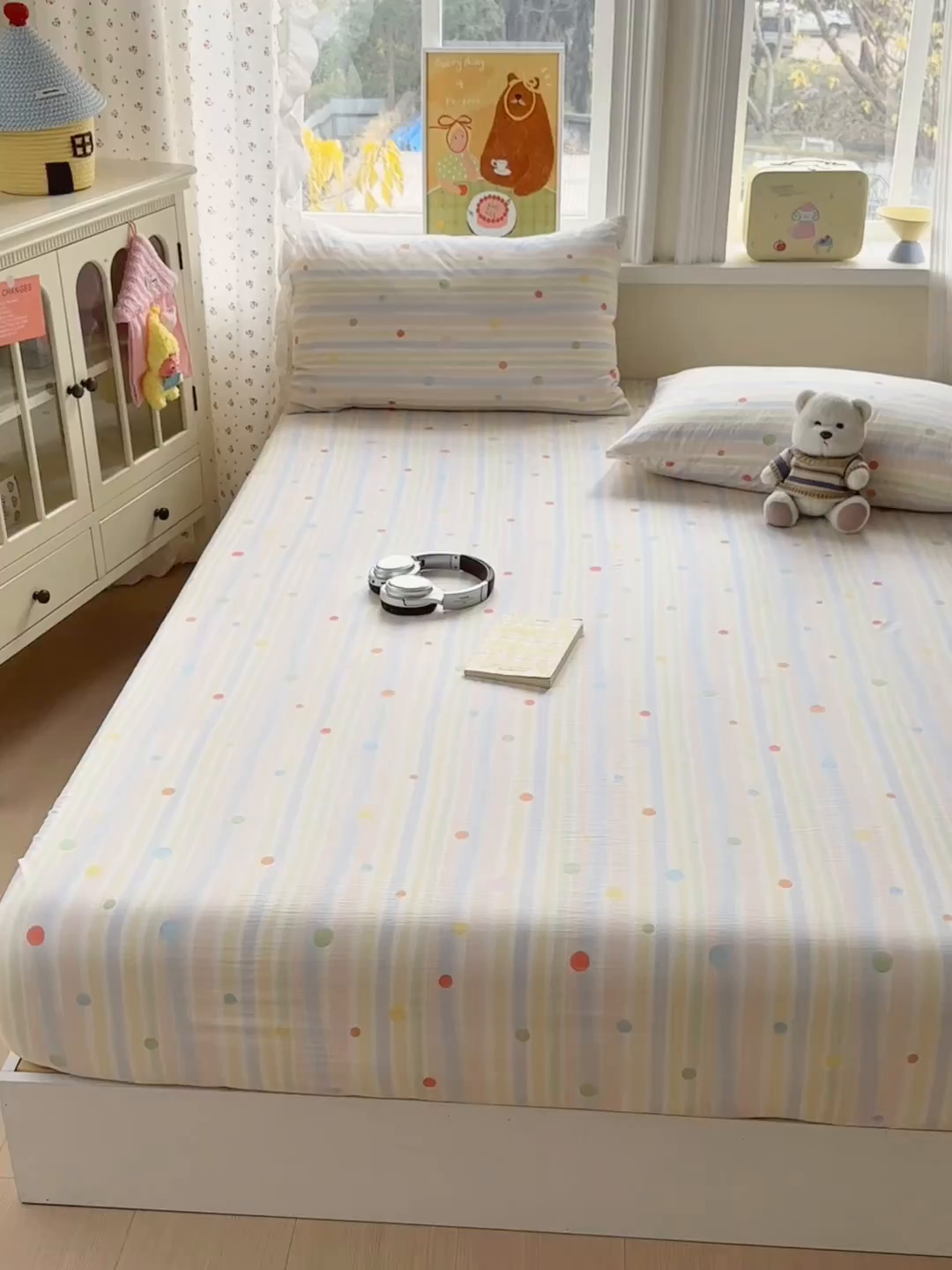 91家纺网 家纺一手货源 找家纺 沐芷 2026 【提供买家秀】古法水洗仿棉床笠席梦思床罩床垫防滑床套罩床笠三件套 彩虹跳跳糖