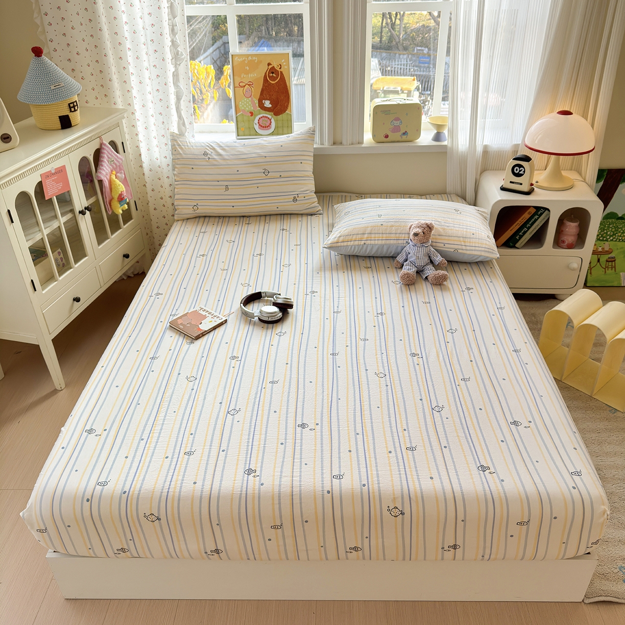 91家纺网 家纺一手货源 找家纺 沐芷 2026 【提供买家秀】古法水洗仿棉床笠席梦思床罩床垫防滑床套罩床笠三件套 漫游小鱼