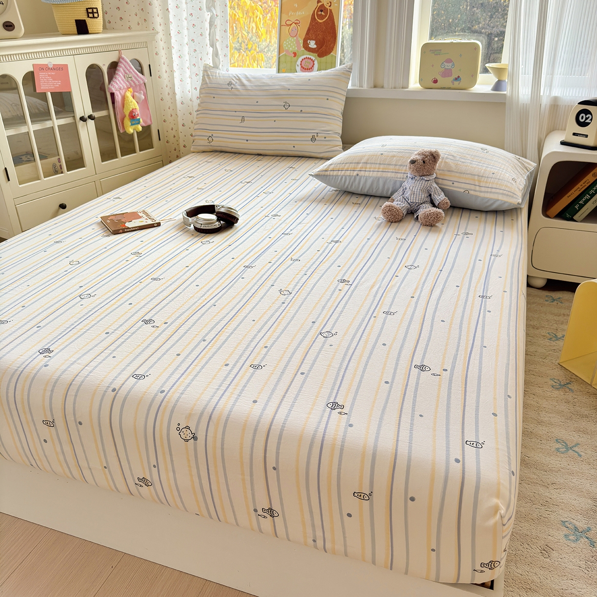 91家纺网 家纺一手货源 找家纺 沐芷 2026 【提供买家秀】古法水洗仿棉床笠席梦思床罩床垫防滑床套罩床笠三件套 漫游小鱼