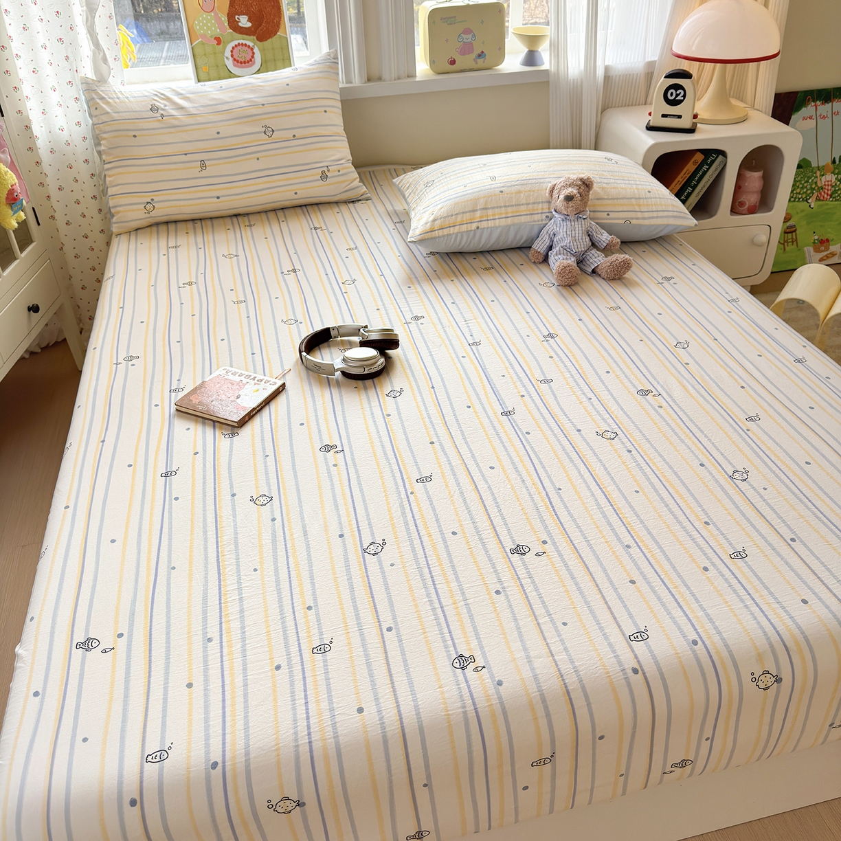 91家纺网 家纺一手货源 找家纺 沐芷 2026 【提供买家秀】古法水洗仿棉床笠席梦思床罩床垫防滑床套罩床笠三件套 漫游小鱼