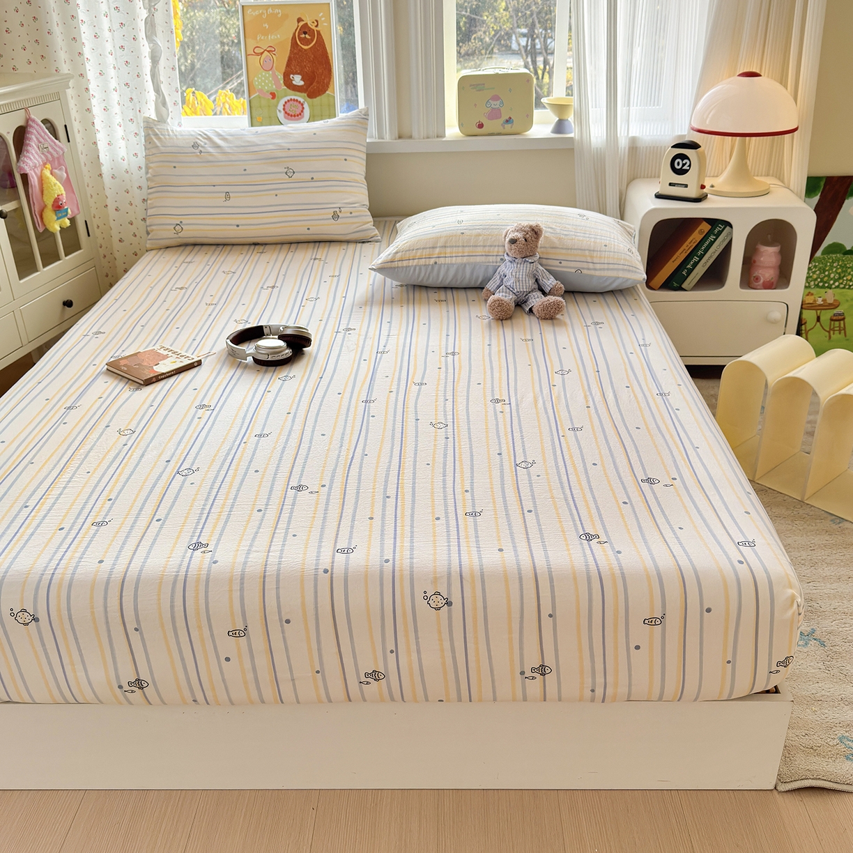 91家纺网 家纺一手货源 找家纺 沐芷 2026 【提供买家秀】古法水洗仿棉床笠席梦思床罩床垫防滑床套罩床笠三件套 漫游小鱼