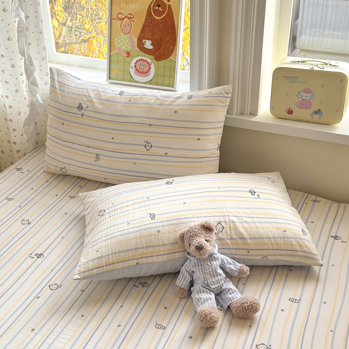 91家纺网 家纺一手货源 找家纺 沐芷 2026 【提供买家秀】古法水洗仿棉床笠席梦思床罩床垫防滑床套罩床笠三件套 漫游小鱼